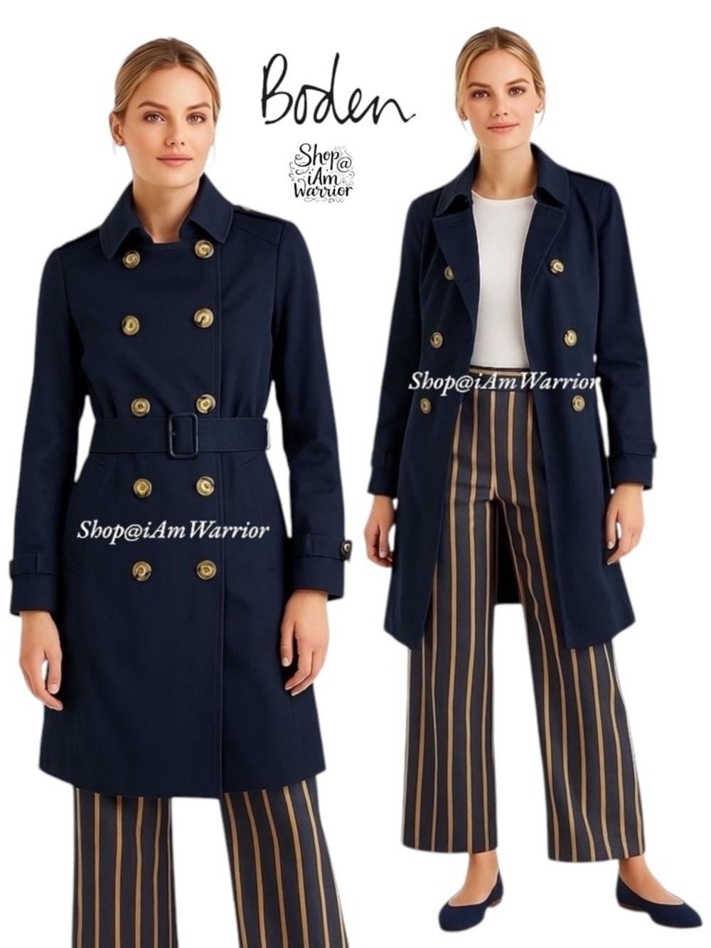 Boden navy blue double breasted cotton belted trench coat *shop@iamwarrior